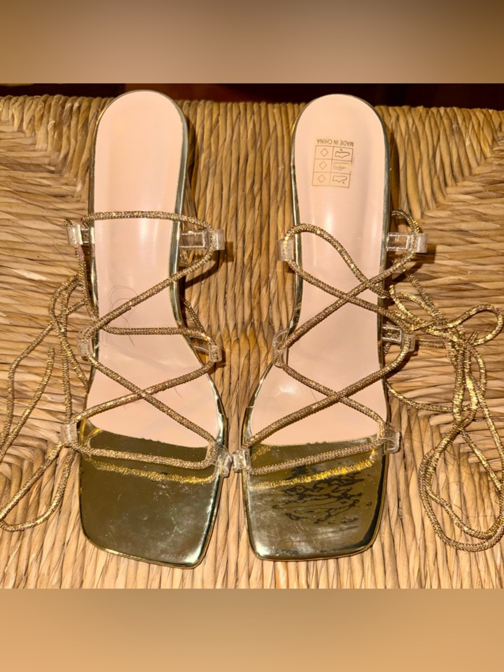 Pre-Loved Strappy Metallic Gold Lace-Up Heeled Sandals